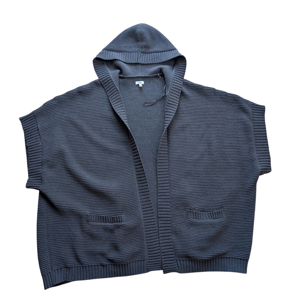 Aerie Womens Short Sleeve Hooded Cardigan Gray Ribbed Open Front Pocket L/XL - Picture 2 of 5